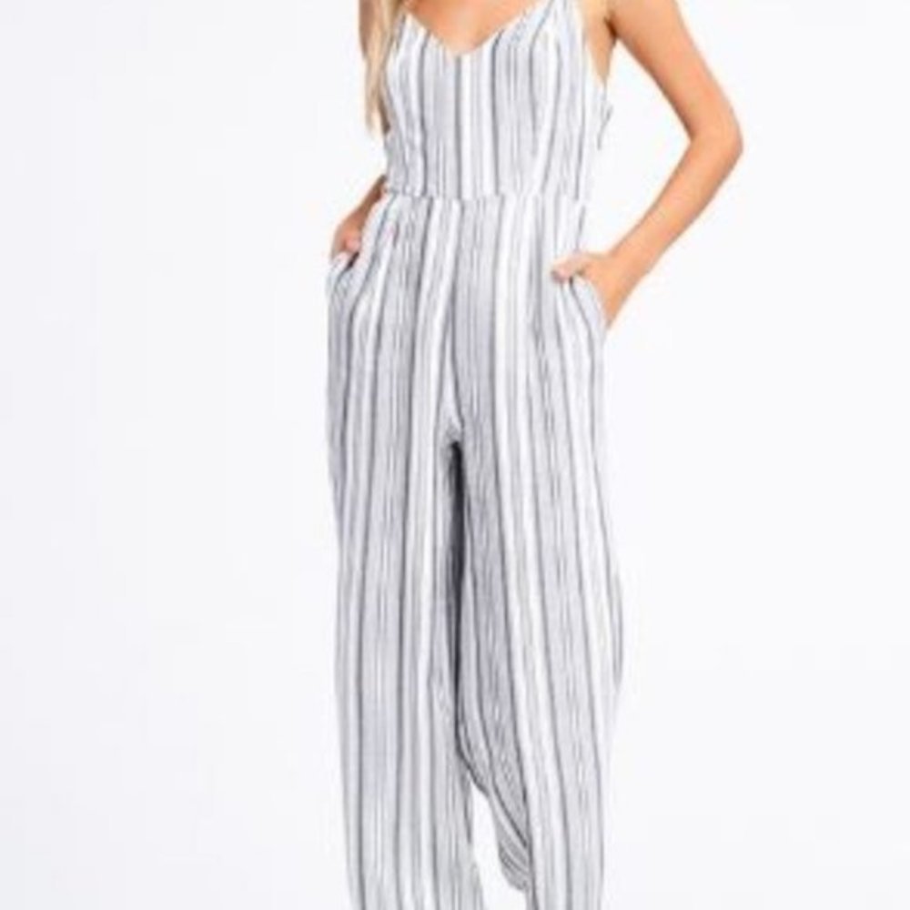 PURE blue striped wide leg romper XS